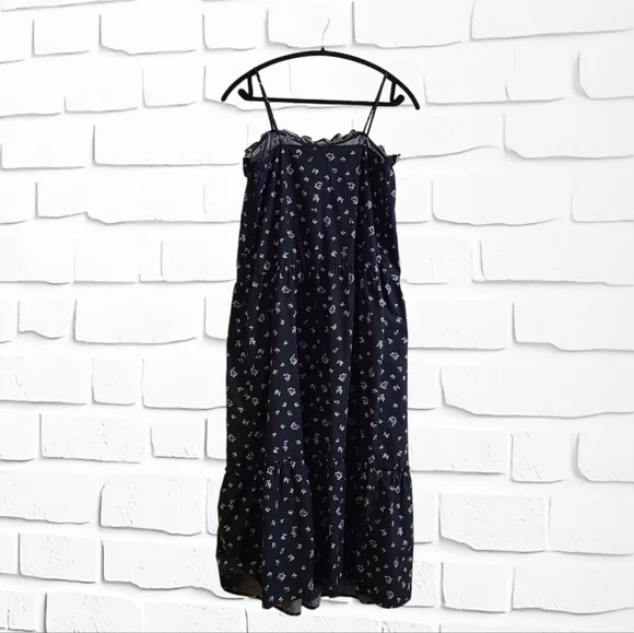 SOLD - Who What Wear Tiered Spaghetti Strap Floral Black Midi Dress with Pockets - Picture 4 of 11